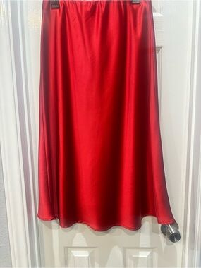 Red Satin A-Line Midi Skirt - Women